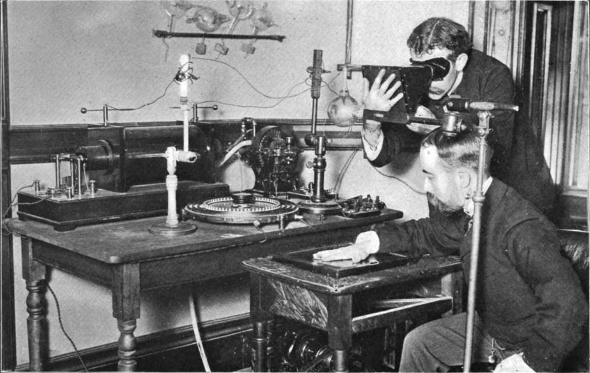 An early experiment with X-Rays in 1896, before the effects and consequences of radiation exposure were understood